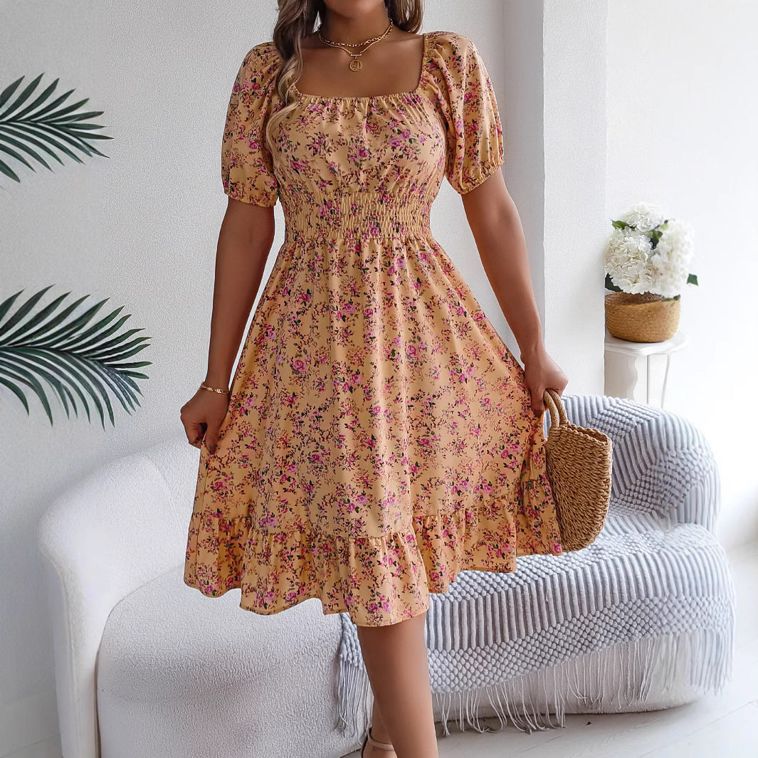 Floral Square Collar Ruffles Dress Women's Clothing