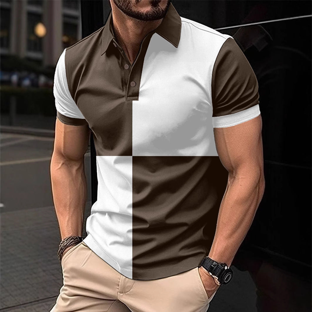 Casual Sports Short Sleeve Color Stitching Turnover Neck Polo Shirt Men Clothing